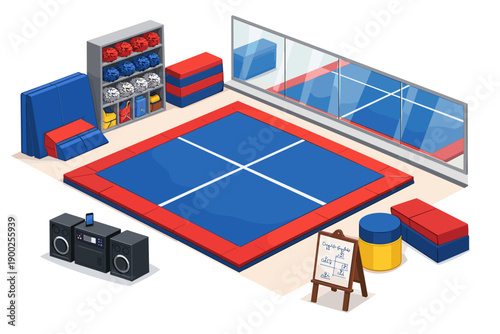 Gymnastics training area with trampoline, mats, and equipment for practice