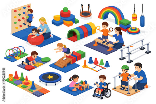Children engage in diverse physical therapy activities with adult supervision and specialized equipment