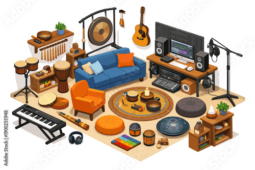 Cozy home music studio setup with diverse instruments and recording equipment