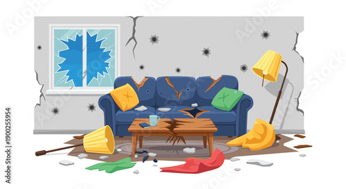 Destroyed room interior with broken window, damaged sofa, cracked table, and scattered lamps.