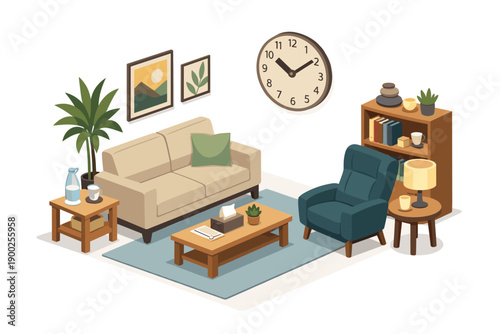 Cozy isometric living room scene with sofa, armchair, coffee table, and bookshelf
