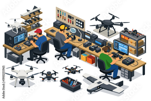 Drone technology workshop with technicians assembling and testing aerial vehicles