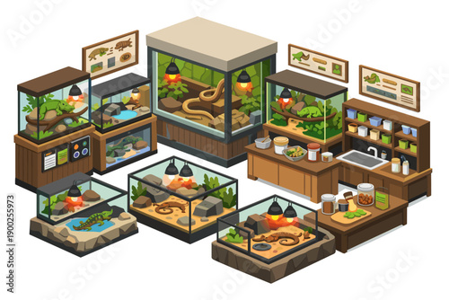 Isometric reptile terrarium setup with various enclosures and supplies