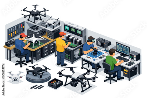 Technicians assembling and repairing drones in a modern workshop environment
