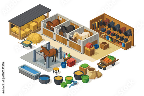Isometric horse stable with multiple stalls, tack room, and farm equipment