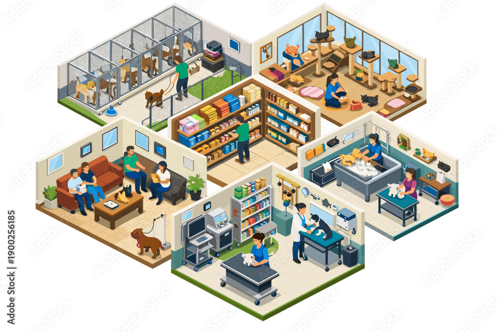 Obraz premium Isometric view of a veterinary clinic with multiple rooms and services for pets