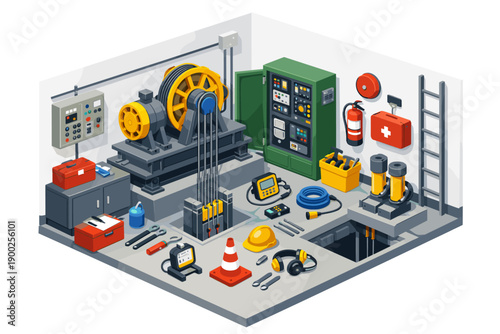 Isometric view of an elevator machine room with maintenance equipment and tools