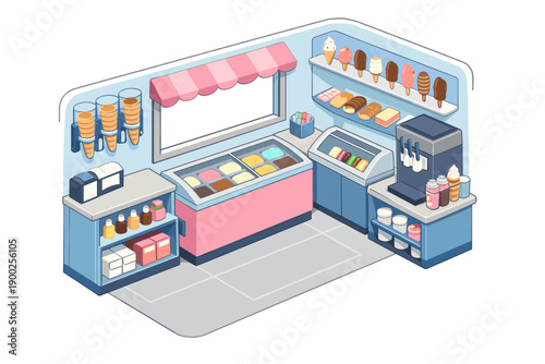 Isometric illustration of a charming ice cream parlor with various frozen treats and cones