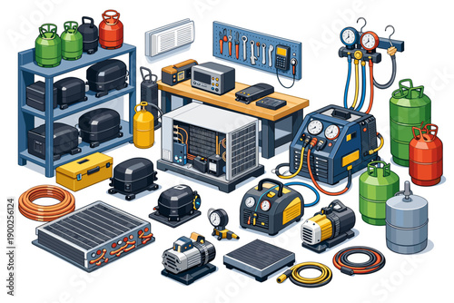 Collection of HVAC tools and equipment for air conditioning repair and installation