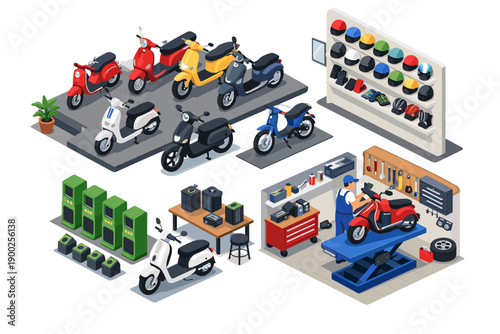 Isometric illustration of a scooter dealership and repair shop with various vehicles and accessories