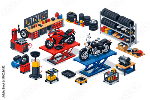Motorcycle repair shop with tools, equipment, and vehicles in isometric view