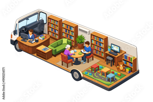 Mobile library van interior with people reading and working at desks