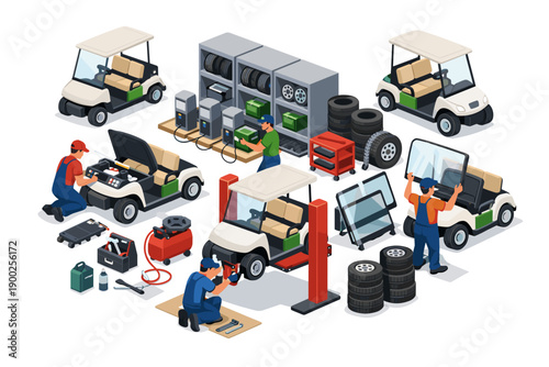 Golf cart repair and maintenance service with mechanics and spare parts