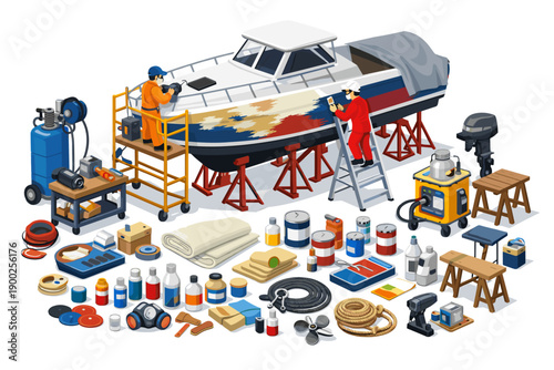 Boat repair and maintenance scene with workers and tools, isometric illustration