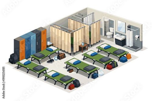 Isometric view of a temporary shelter with cots, lockers, and bathroom facilities