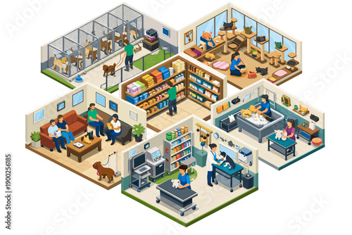 Isometric view of a veterinary clinic with multiple rooms and services for pets