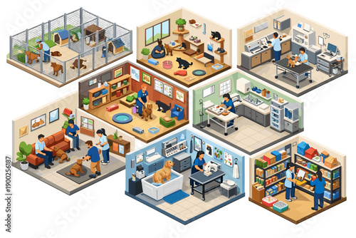 Isometric view of various pet care services including veterinary clinic, grooming, and shelter