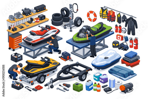 Jet ski repair and maintenance workshop with mechanics and equipment