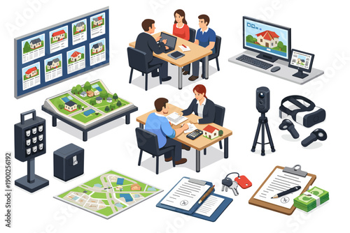 Real estate agents meeting clients and showcasing properties with modern technology and tools