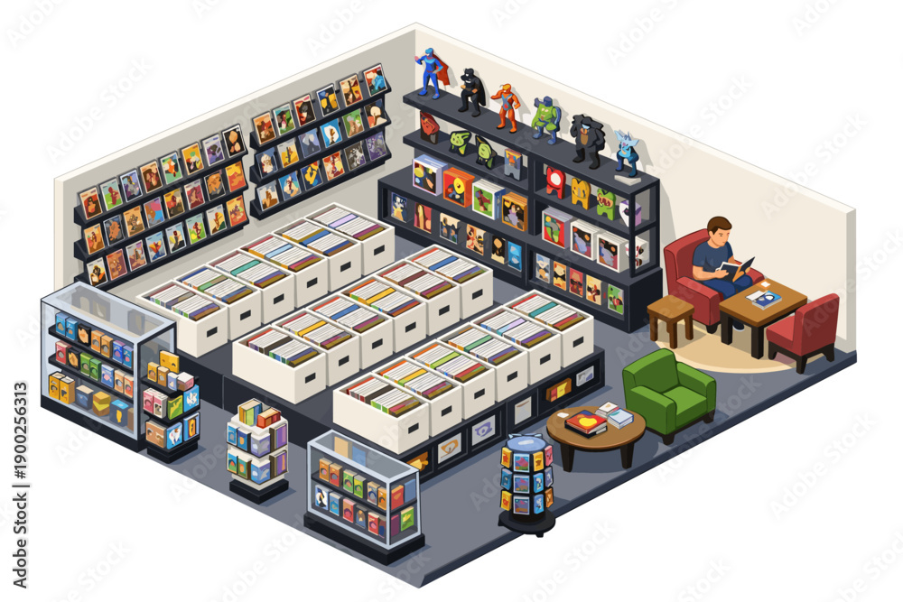 Fototapeta premium Isometric comic book store interior with shelves, display cases, and a reading nook