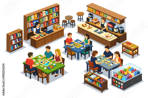 Isometric illustration of a board game cafe with people playing games and ordering drinks