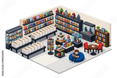 Isometric comic book store interior with shelves, displays, and a reading nook