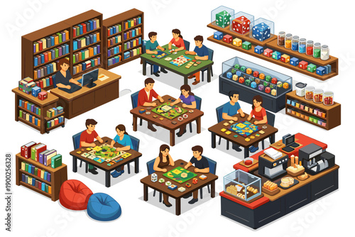 People playing board games and enjoying coffee in a modern cafe and game library