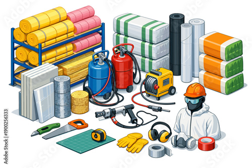Construction and insulation materials with safety gear and tools for building renovation