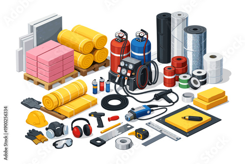 Construction and insulation materials with safety gear and tools for building projects