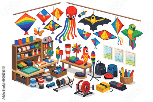 Kite making workshop with colorful kites, supplies, and tools for crafting outdoor fun