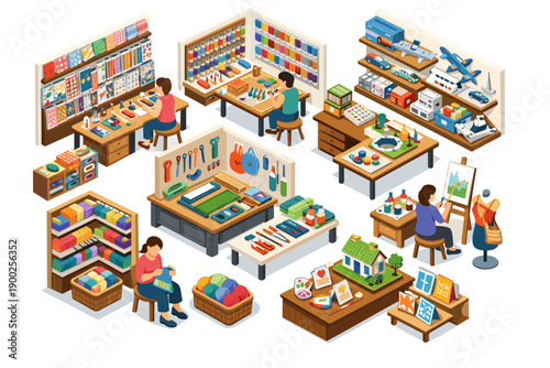 Diverse crafting and hobby activities depicted in a vibrant isometric workshop scene