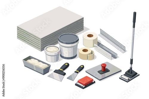 Drywall construction and finishing tools and materials arranged on a white background