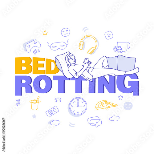 Woman lying on bed, holding phone. BED ROTTING. Various representing activities, relaxed and leisurely atmosphere.