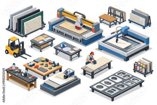 Industrial stone fabrication equipment and materials in a workshop setting