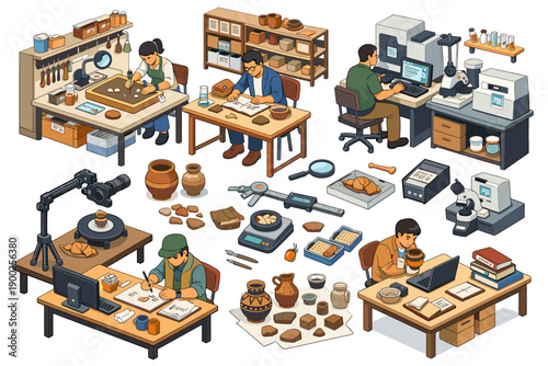 Archaeologists meticulously studying ancient artifacts and conducting research in a modern laboratory setting