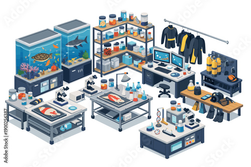 Modern laboratory setup with aquariums, microscopes, and diving equipment
