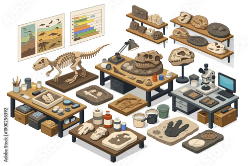 Paleontology laboratory scene with dinosaur skeleton, fossils, and research equipment