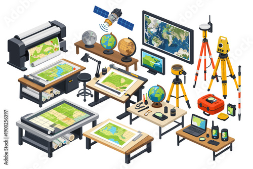 Modern cartography and surveying equipment setup for geographical mapping and analysis