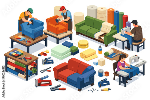Upholstery workshop scene with craftsmen and furniture repair tools