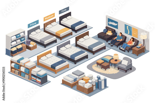 Isometric display of a mattress store showcasing different firmness levels and bedding accessories