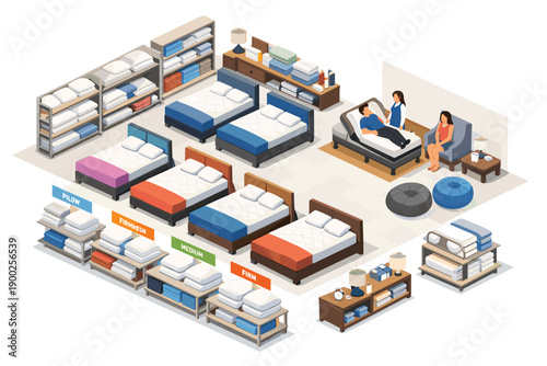 Isometric illustration of a mattress store showcasing various bed types and bedding options
