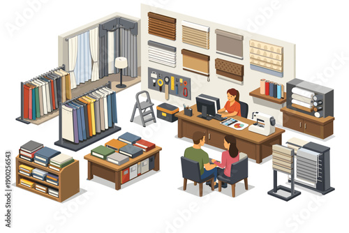Interior design consultation for window treatments and fabrics in a showroom