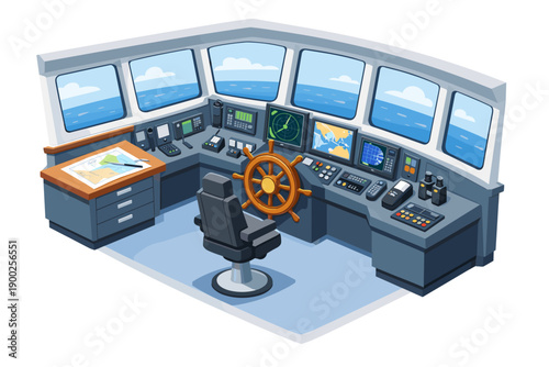 Modern ship bridge with navigation equipment and captain's chair overlooking the sea