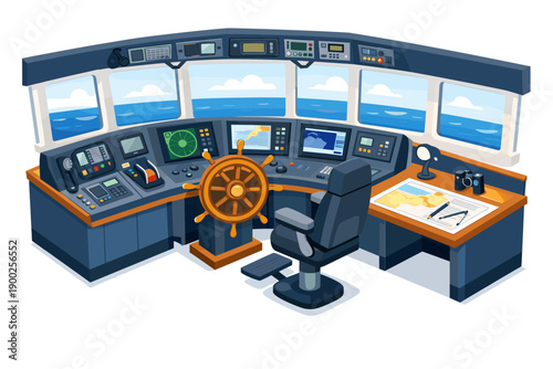 Modern ship bridge with navigation equipment and steering wheel overlooking the sea