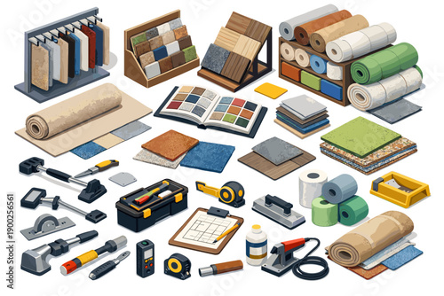 Collection of flooring materials and installation tools displayed in an isometric view