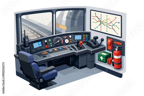 Modern train driver's cabin with control panel, map, and safety equipment