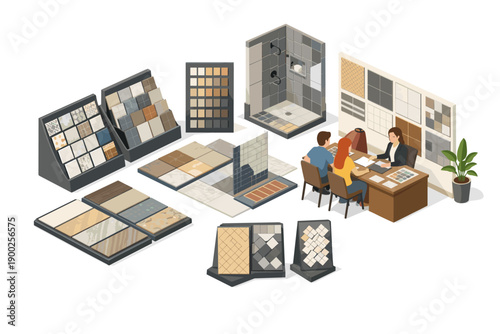 Interior designers consult with clients on tile samples for home renovation projects