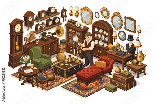 Collection of antique furniture and decorative items in a vintage room setting
