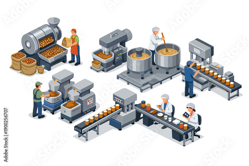Food processing factory isometric illustration showing production line and workers