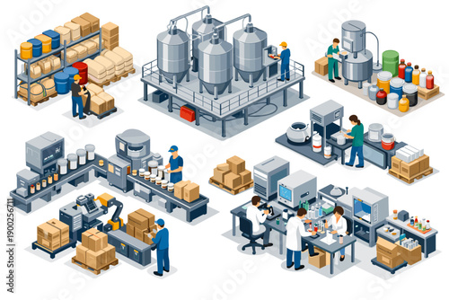 Modern factory production lines and laboratory research in isometric view